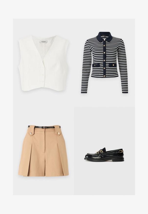 Hvid cropped top med v-udskæring, to frontlommer, fem knapper og lodrette teksturerede striber. Fremstillet af et glat, letstof.; Marineblå og hvide stribede strikkede cardigan med lange ærmer, guldknapper, marineblå krave og to forlommer med knapdetaljer.; Beige shorts med høj talje, brede bæltestropper, guldknapdetaljer, sidelommer med læg og et tyndt sort bælte med dekorativt guldlås.; Sorte læder loafers med en blank finish, der har to guldspænder og en lav hæl. Glat tekstur med rund tådesign.