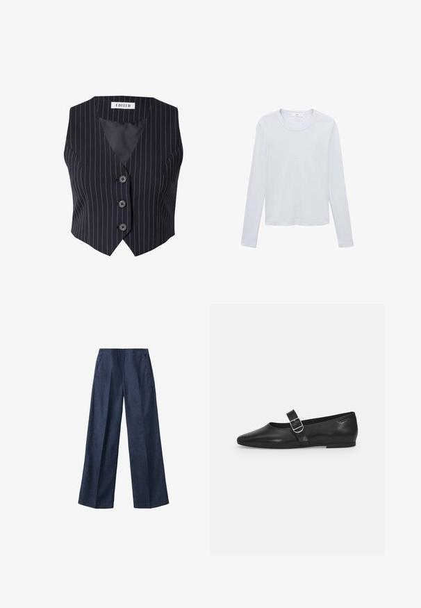 Zwarte mouwloze vest met witte verticale strepen, voorzien van een diepe V-hals, vijf knopen en een gestructureerde silhouet. Glad binnenvoering.; Wit katoenen T-shirt met lange mouwen, ronde hals, rechte zoom en minimale stiksels, plat liggend op een witte achtergrond.; Donkerblauwe brede broek met voorplooi en zijzakken, gemaakt van denimachtig materiaal.; Zwarte leren platte schoen met een ronde neus, een enkele verstelbare gespsluiting en een gladde, glanzende textuur. Minimalistisch ontwerp met een lage hak.
