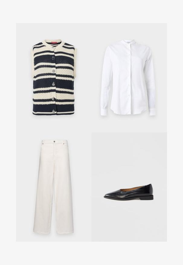 Déhanché tricot sans manches avec des rayures bleu marine et ivoire, présentant un col rond, six boutons en métal argenté et un détail de bord côtelé.; Chemise blanche à manches longues avec un col mandarin, en tissu lisse, dotée d'une patte de boutonnage à l'avant et d'une coupe ajustée. Sans motifs ni accents.; Pantalons à jambes larges en coton couleur crème. Comprend une fermeture à bouton, des passants de ceinture et deux poches avant. Texture lisse avec un minimum de détails.; Chaussure plate en cuir noir avec un bout pointu et un petit talon carré. Texture lisse, design minimaliste, sans éléments métalliques visibles ni motifs.