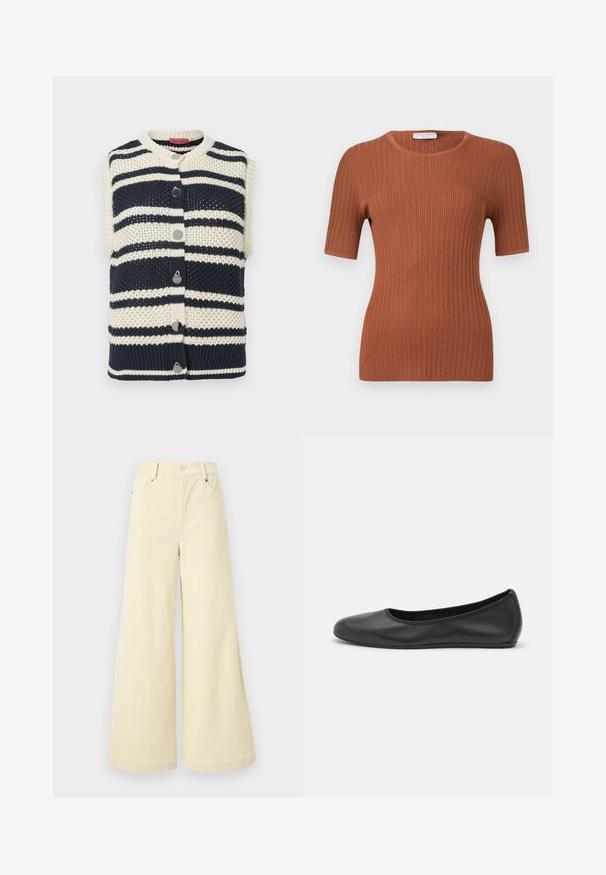 Déhanché tricot sans manches avec des rayures bleu marine et ivoire, présentant un col rond, six boutons en métal argenté et un détail de bord côtelé.; Haut à manches courtes en maille côtelée couleur rouille avec encolure ronde, silhouette ajustée et texture subtile.; Pantalons larges en tissu beige doux avec une finition texturée, dotés de poches avant, de passants de ceinture et d'une fermeture à bouton unique.; Ballerines en cuir noir avec un bout rond, texture lisse, détails de couture minimalistes et design de semelle flexible.