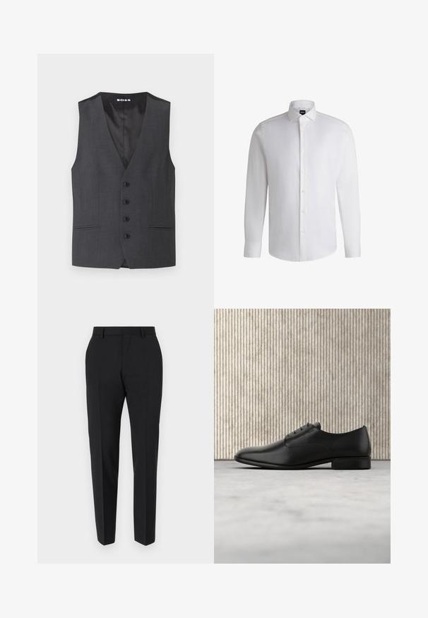 Grijze op maat gemaakte vest met een V-hals, vijf knopen aan de voorkant, twee zijzakken en een gladde binnenvoering.; Witte lange mouwen shirt van soepel katoen, met een klassieke kraag, volledige knoopsluiting en knoopmanchetten. Minimalistisch ontwerp.; Zwarte broek met een maatwerkontwerp, met een vlakke voorkant, plooidetails en een slanke pasvorm. Gemaakt van een gladde stof voor een verfijnde uitstraling.; Zwarte lederen dresschoenen met een strak ontwerp, ronde neus, vijf veterogen voor veters, en een kleine opstaande hak. Subtiele reliëf logo detail.