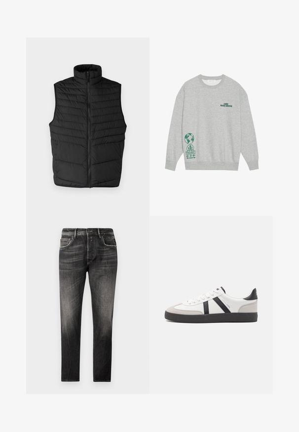 Sort quiltet puffer vest med høj krave, frontlynlås og uden ærmer. Har horisontale syninger for tekstur og isolering.; Grå sweatshirts med lange ærmer, rund halsudskæring og grønne trykte grafikker, herunder "1989 RISE ABOVE" og et globusdesign.; Sorte denimjeans med en falmet vask, fem lommer og lige ben. Har subtile slidte detaljer og kontraststikninger.; Hvide sneakers med sorte og grå detaljer, med en tekstureret grå tåhætte, sort gummisål og flade hvide snørebånd. Rent design, minimalistisk stil.
