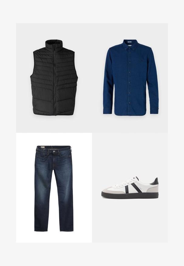 Sort quiltet puffer vest med høj krave, frontlynlås og uden ærmer. Har horisontale syninger for tekstur og isolering.; Mørkeblå langærmet skjorte med knapper og knaplukket krave samt diskret broderet logo på venstre bryst.; Mørkeblå denimjeans med lige ben-design, let falmede på forsiden, fem lommer og sølvet knaplukning.; Hvide sneakers med sorte og grå detaljer, med en tekstureret grå tåhætte, sort gummisål og flade hvide snørebånd. Rent design, minimalistisk stil.