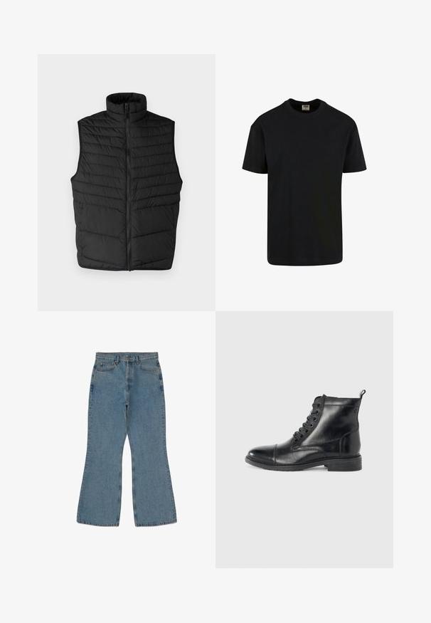 Sort quiltet puffer vest med høj krave, frontlynlås og uden ærmer. Har horisontale syninger for tekstur og isolering.; Urban Classics SHORTSLEEVE - T-shirts basic - black; Lyseblå denim flare jeans med høj talje, synlige sømme og fem-lomme design. Stoffet har en blød, tekstureret overflade.; Sort læder ankelstøvle med rund tå, seks huller til snørebånd, tekstureret overflade og lav stablet hæl.