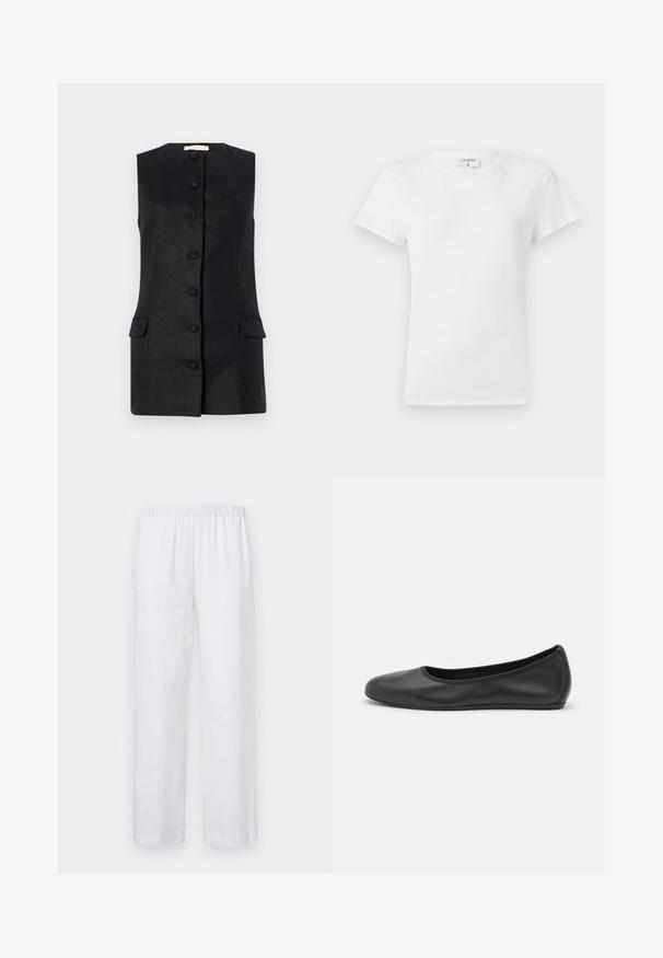 Sød løstsiddende sort vest uden ærmer lavet af tekstureret stof, med en lige skæring, seks knapper og to forlommer. Simpelt og struktureret design.; Hvid bomulds t-shirt med rund hals og korte ærmer, præsenteret i et afslappet fit og minimalistisk design. Etiketten er synlig ved halsen.; ASPESI PANTALONE - Bukser - white; Sort læderballetsko med rund tå, glat tekstur, minimal syning og et fleksibelt såldesign.