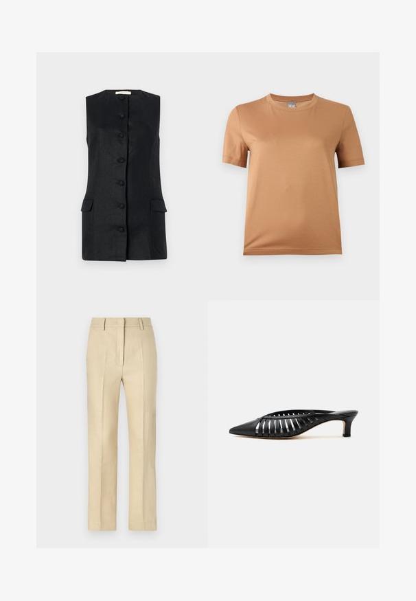 Sød løstsiddende sort vest uden ærmer lavet af tekstureret stof, med en lige skæring, seks knapper og to forlommer. Simpelt og struktureret design.; Beige t-shirt med korte ærmer og rund halsudskæring med en lille grå mærkat mærket "MM" ved halsen, vist på en lys baggrund.; Beige skræddersyede bukser med lige ben, lavet af struktureret stof, med pressefurer og lynlåsforty. ; Sort læder mule med spids snude, stropdetalje og lav kittenhælk på hvid baggrund.