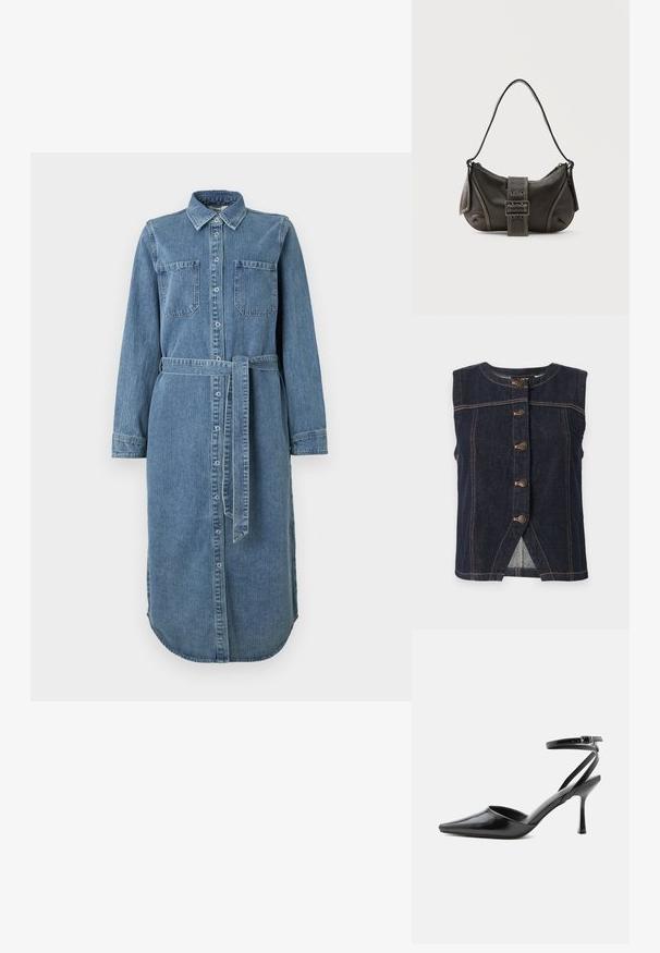 Ärmellose dunkelblaue Jeansweste mit fünf Metallknöpfen in der Mitte und beigefarbenen Kontrastnähten überall.; Jeanshemdkleid in Hellblau mit langen Ärmeln, Knopfleiste, zwei Brusttaschen und einem Taillengürtel. Der Saum ist rund und hinten länger.; Schwarzer spitzer High Heel mit dünnen Knöchelriemen und silberner Schnalle auf einfachem hellem Hintergrund.; Schwarze Leder-Schultertasche mit Schnallengurt-Detail, abgerundeten Kanten und kontrastierenden weißen Nähten auf schlichtem Hintergrund.