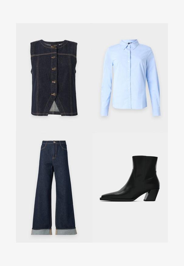 Ärmellose dunkelblaue Jeansweste mit fünf Metallknöpfen in der Mitte und beigefarbenen Kontrastnähten überall.; Hellblaues Langarmhemd mit dezenten weißen Nadelstreifen und spitzem Kragen, auf einem einfarbigen Hintergrund dargestellt.; weit geschnittene dunkelblaue Denim-Jeans mit orangefarbenen Nähten, hohen Bund, zwei vorderen Taschen und umgeschlagenen Säumen, die einen hellblauen Kontraststoff zeigen.; Schwarze Leder-Stiefelette mit spitzem Zeh, schlanker Silhouette und klobigem quadratischem Absatz. Glatte Textur mit minimalen Nähdetails.