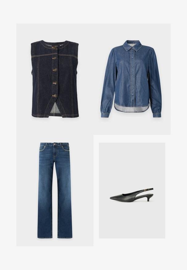 Ärmellose dunkelblaue Jeansweste mit fünf Metallknöpfen in der Mitte und beigefarbenen Kontrastnähten überall.; Dunkelblaue Jeanshemd mit Kragen, vorderem Knopfverschluss, langen gepufften Ärmeln und abgerundetem Saum, mit kontrastierenden Nähten.; Dunkelblaue Jeans mit geradem Bein, fünf Taschen, Metallknopfverschluss und kleinen silbernen Nieten entlang der Vorderkanten der Taschen.; Schwarzer Slingback-Schuh mit spitzem Zehenbereich aus glattem Leder. Mit einem dünnen Absatz und einer dekorativen Schnalle am verstellbaren Riemen.