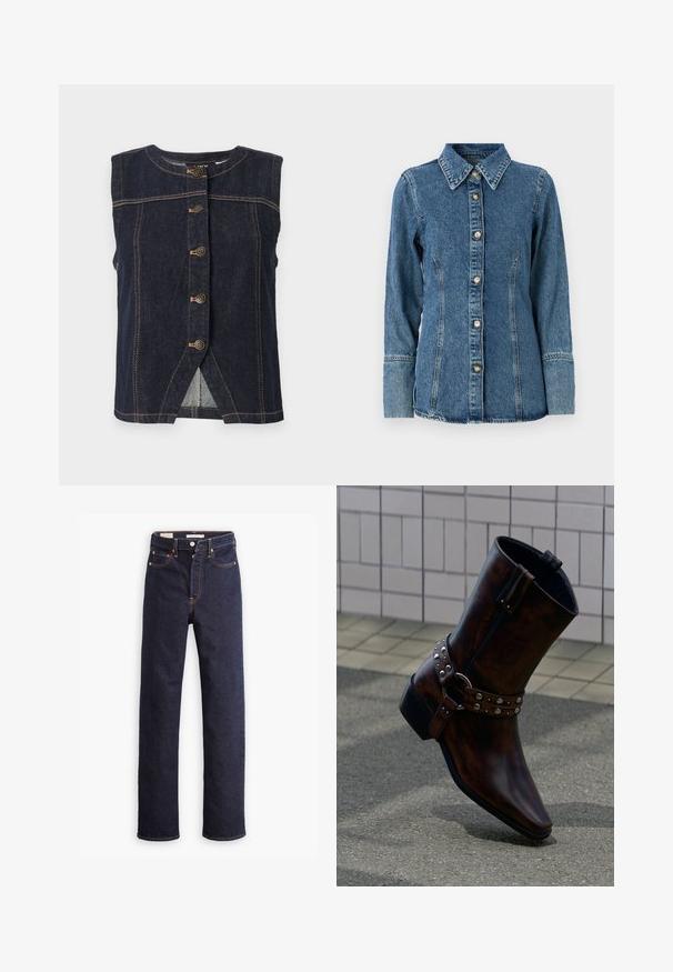 Ärmellose dunkelblaue Jeansweste mit fünf Metallknöpfen in der Mitte und beigefarbenen Kontrastnähten überall.; Denimhemd in Mittelblau mit klassischem Kragen, langen Ärmeln, Knopfverschluss und kontrastierendem Stich entlang der Nähte.; Dunkelblaue gerade geschnittene Denim-Jeans mit fünf Taschen und sichtbaren orangefarbenen Nähten auf einem weißen Hintergrund.; Dunkelbrauner Leder-Stiefel bis zum Knöchel mit silbernen Nieten und Riemendetail, präsentiert vor einem Hintergrund aus gefliester Wand und Betonboden.