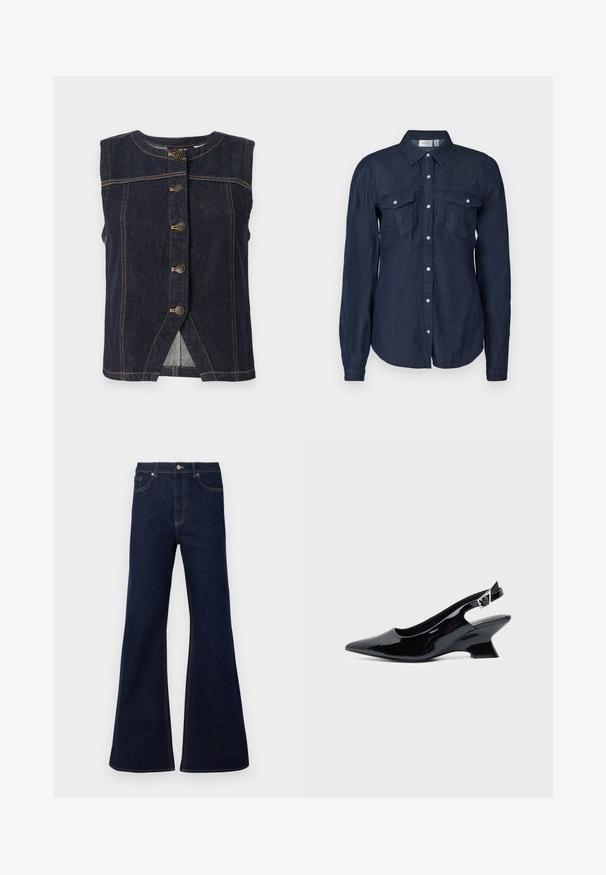 Ärmellose dunkelblaue Jeansweste mit fünf Metallknöpfen in der Mitte und beigefarbenen Kontrastnähten überall.; Marineblaues Hemd mit Knopfleiste aus leichtem Stoff, ausgestattet mit zwei Vorderaschen, langen Ärmeln und einem klassischen Kragen mit abgerundetem Saum.; Dunkelblaue ausgestellte Jeans aus Denim mit hoher Taille, frontalen Taschen und goldenen Nähakzenten. Glatte Textur mit traditionellem Schnitt.; Schwarzer Slingback-Schuh aus Lackleder mit spitzer Spitze und niedrigem, schrägem Blockabsatz auf einfachem hellem Hintergrund.