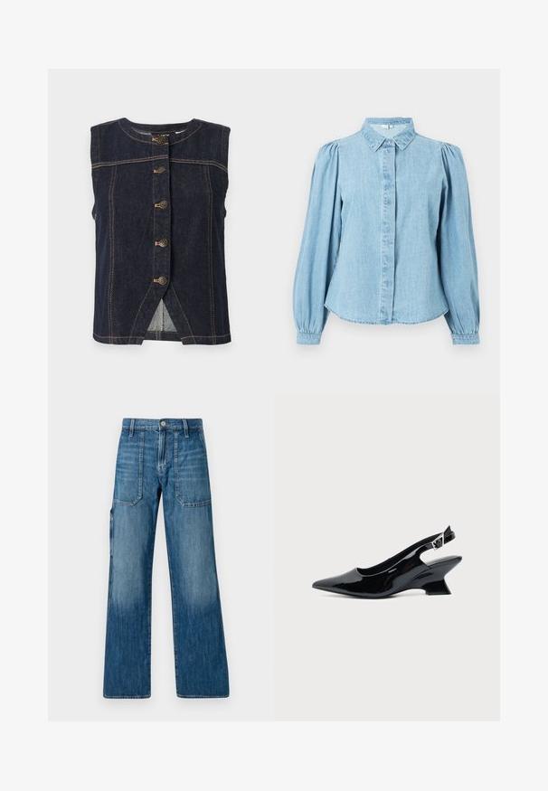 Ärmellose dunkelblaue Jeansweste mit fünf Metallknöpfen in der Mitte und beigefarbenen Kontrastnähten überall.; Hellblaues Jeanshemd mit spitzem Kragen, Knopfleiste und langen, ballonartigen Ärmeln. Glatte Textur mit abgerundetem Saum.; Denim weite Jeans in Mittelblau. Mit hoher Taille, Fronttaschen und geradem Schnitt. Verfügt über eine verblasste Textur und minimale Nähte.; Schwarzer Slingback-Schuh aus Lackleder mit spitzer Spitze und niedrigem, schrägem Blockabsatz auf einfachem hellem Hintergrund.
