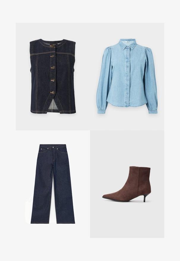 Chaleco sin mangas de mezclilla azul oscuro con cinco botones metálicos en el centro y costuras contrastantes beige por todo el chaleco.; Camisa de mezclilla azul claro con cuello puntiagudo, botones en la parte delantera y mangas largas abullonadas. Textura lisa con dobladillo redondeado.; Vaqueros de mezclilla azul oscuro de pierna ancha con botón delantero, cierre de cremallera y bolsillos frontales y traseros, mostrados planos sobre un fondo blanco.; Botines de ante marrón con punta afilada y un tacón negro delgado. Presentan una textura suave y un diseño sencillo.