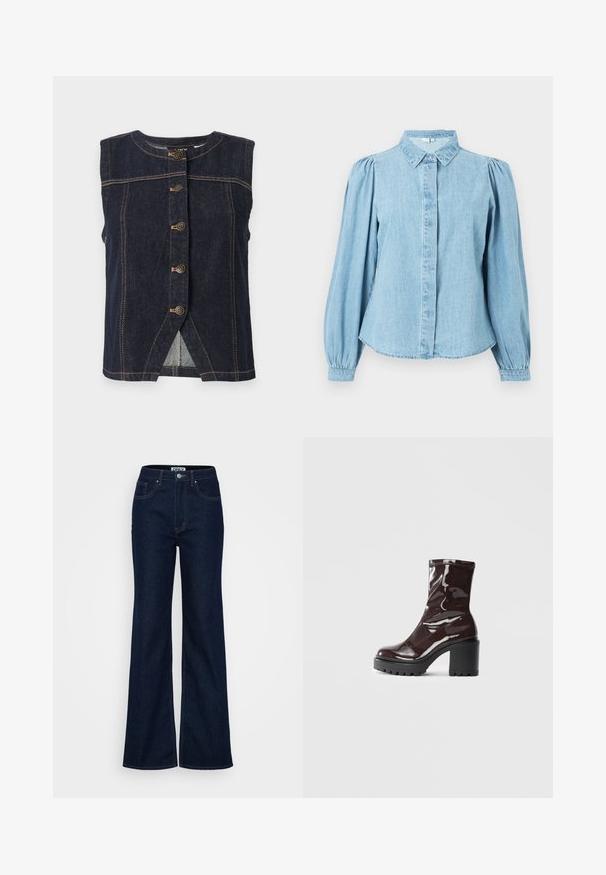 Ärmellose dunkelblaue Jeansweste mit fünf Metallknöpfen in der Mitte und beigefarbenen Kontrastnähten überall.; Hellblaues Jeanshemd mit spitzem Kragen, Knopfleiste und langen, ballonartigen Ärmeln. Glatte Textur mit abgerundetem Saum.; ONLY Tall ONLJUICY WIDE RINSE - Wide Leg - dark blue denim; Glatte bordeauxrote Ankle Boots mit einem klobigen schwarzen Absatz, die eine glatte Oberfläche und ein einfaches Design aufweisen. Keine sichtbaren Verschlüsse oder Muster.
