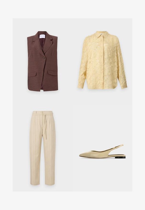 Blazer sans manches marron avec un col à revers, fermeture à un bouton et deux poches avant. Texture lisse avec un léger éclat.; Blouse jaune clair à manches longues, en tissu texturé avec des détails effilochés, fermeture à boutons et col défini. Présente une coupe décontractée.; Pantalon beige à rayures avec une coupe décontractée, présentant une taille cintrée, une fermeture à bouton et une ceinture à nouer, fabriqué à partir d'un tissu léger.; Chaussure plate beige à bout pointu avec bride arrière, petit talon noir et finition en cuir lisse, vue de côté sur un fond uni.