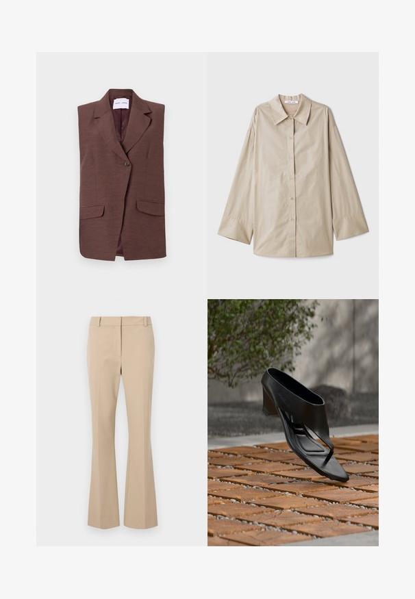 Blazer sans manches marron avec un col à revers, fermeture à un bouton et deux poches avant. Texture lisse avec un léger éclat.; Chemise beige à manches longues avec un grand col pointu, fermeture à boutons, et larges poignets. Fabriquée dans un tissu lisse et léger.; Pantalons beiges ajustés avec une coupe droite, présentant un devant plat, des passants de ceinture et une texture lisse. Pas de poches ni de motifs visibles.; Sandale noire à talon haut avec une lanière entre les orteils, flottant au-dessus d'une surface extérieure en bois et gravier à motifs, avec un arrière-plan flou de verdure et un mur.