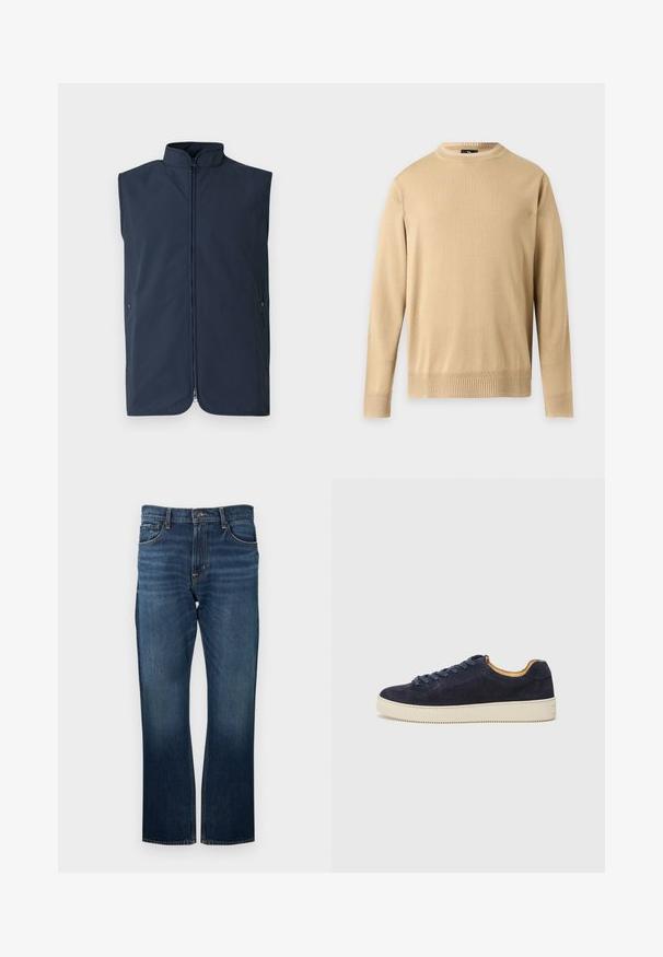 Veste sans manches bleu marine en tissu léger, dotée d'un col montant, d'une fermeture éclair avant et de poches latérales avec fermetures à pression.; Pull beige à manches longues avec col rond, bordures côtelées aux poignets et à l'ourlet, présenté sur un fond gris clair uni.; Jean en denim bleu foncé avec une coupe droite, présentant des coutures visibles et une ceinture standard avec une fermeture à bouton en métal.; Baskets basses en suede bleu marine avec bout arrondi, semelle en caoutchouc blanc cassé et lacets assortis ; dotées d'une doublure intérieure contrastante couleur tan.