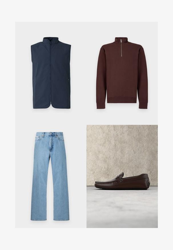 Veste sans manches bleu marine en tissu léger, dotée d'un col montant, d'une fermeture éclair avant et de poches latérales avec fermetures à pression.; Sweat-shirt marron à col zippé avec manches longues, fabriqué en tissu doux, avec un logo discret sur la poitrine, et des poignets et un bas côtelés.; Jean en denim bleu clair coupe droite à cinq poches avec fermeture à boutons à la taille, présenté sur un fond uni.; Mocassins en cuir marron avec une finition lisse, des coutures de style mocassin, un bout rehaussé et une semelle en caoutchouc basse et flexible.