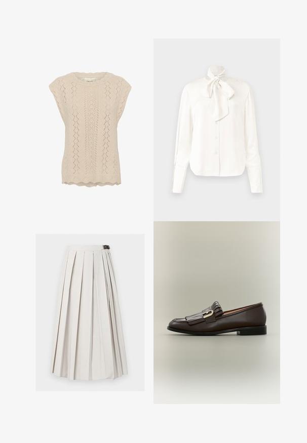 Haut en tricot beige clair avec un motif en dentelle, décolleté à volants et manches courtes. Texturé avec un design en losanges ajourés.; Blouse blanche à manches longues en tissu léger avec col haut et un grand nœud au niveau du cou, dotée d'une fermeture à boutons sur le devant.; Longue jupe blanche plissée avec une fermeture latérale à boucle, présentée à plat sur un fond blanc.; Mocassin en cuir marron foncé avec détail à franges et boucle dorée sur fond neutre, vue latérale.