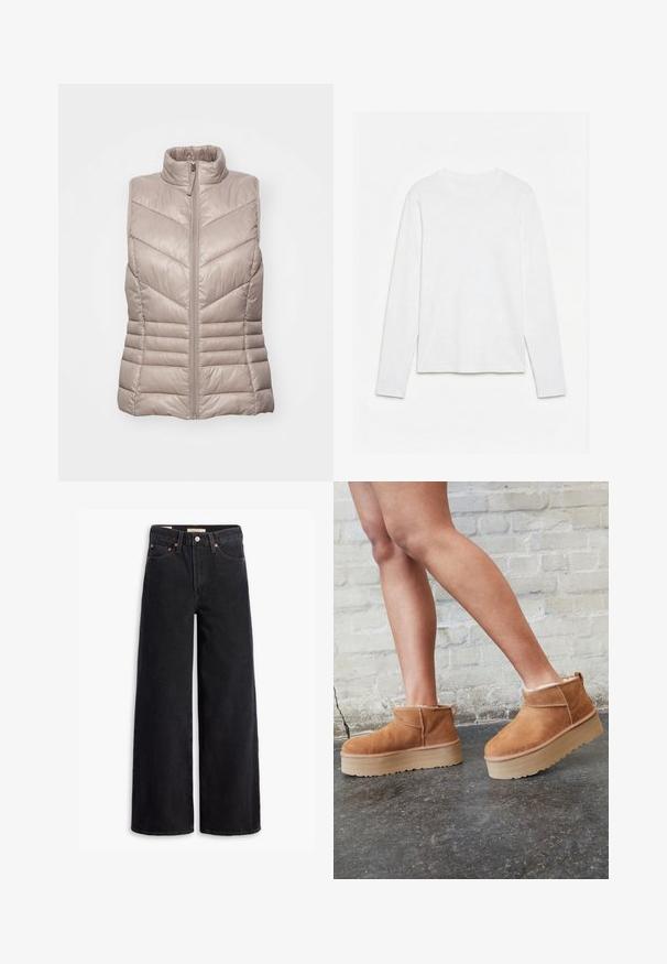 Gevulde, mouwloze vest in lichtbeige met een hoge kraag en chevron gestikte ontwerpelementen. Voorzien van een ritssluiting aan de voorkant en horizontale stiksels bij de taille.; Effen wit, langarmig shirt met ronde hals, plat neerligt op een witte ondergrond, waarbij de voorkant en de volledige mouwlengte zichtbaar zijn.; Zwarte brede jeans gemaakt van denim, met vijf zakken, koperen klinknagels en een klassieke knoopsluiting. Glad van textuur met een strakke uitstraling.; Bruine suède enkelboots met een zachte voering, dikke beige plateauzool en een achterste lus. Getextureerde oppervlakte met zichtbare stiksels.