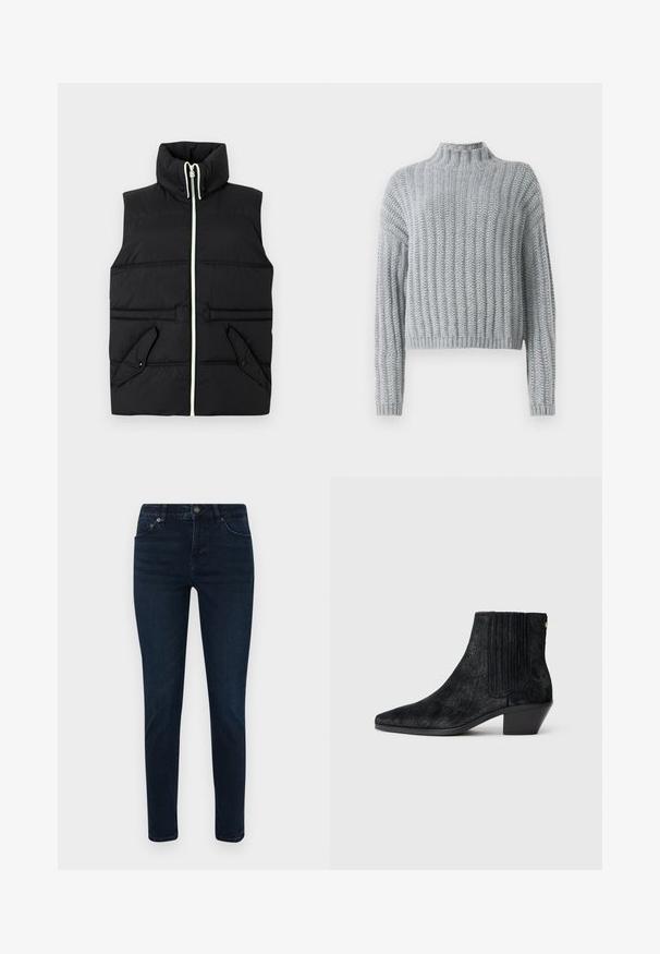 Sort polstret vest med høj krave, lynlåslukning foran og to klafpokker. Har kontrastsyninger og en glat tekstur.; Lys grå chunky strikket sweater med ribbet mønster, høj hals, lange ærmer og en lidt cropped pasform.; Mørk vaskede denimjeans med slim fit, der har fem-lomme design, knaplukning og subtile syningsdetaljer. Glat tekstur hele vejen igennem.; Sort ankelstøvle med spidse tæer, tekstureret håragtigt materiale, ribbet sidepanel og en lav, firkantet hæl. Simpelt og moderne design.