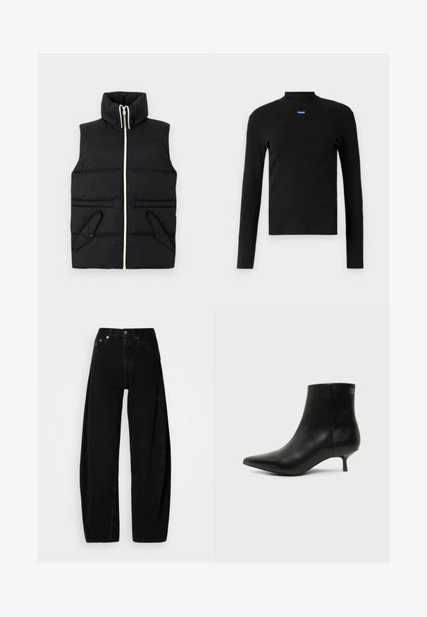 Zwarte gewatteerde vest met hoge kraag, vooraan met ritssluiting en twee gepaspelde zakken. Kenmerkt zich door contrasterende stiksels en een gladde textuur.; HUGO EASY_LONGSLEEVE - Longsleeve - schwarz; Zwarte denim wijde broek met hoge taille, voorzien van een knopenstop, vijf zakken en minimale stikdetails.; Zwart leren enkellaars met puntige neus en lage kittenhak op lichte achtergrond, zijaanzicht buitenkant.
