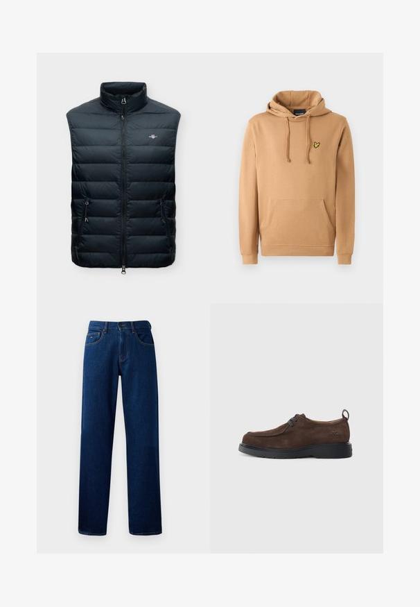 Veste sans manches matelassée noire avec col montant, fermeture éclair frontale, deux poches zippées et petit logo sur la poitrine.; Sweat à capuche en coton brun clair, avec une poche kangourou et un logo brodé jaune sur la poitrine. Capuche ajustable avec cordons.; Jean en denim bleu foncé, coupe droite, avec fermeture à bouton et fermeture éclair à l'avant, et design à cinq poches, sur fond blanc.; Chaussure en suede brun avec un bout arrondi, des lacets gris et une semelle extérieure en caoutchouc noir. Présente un petit logo embossé sur le talon.