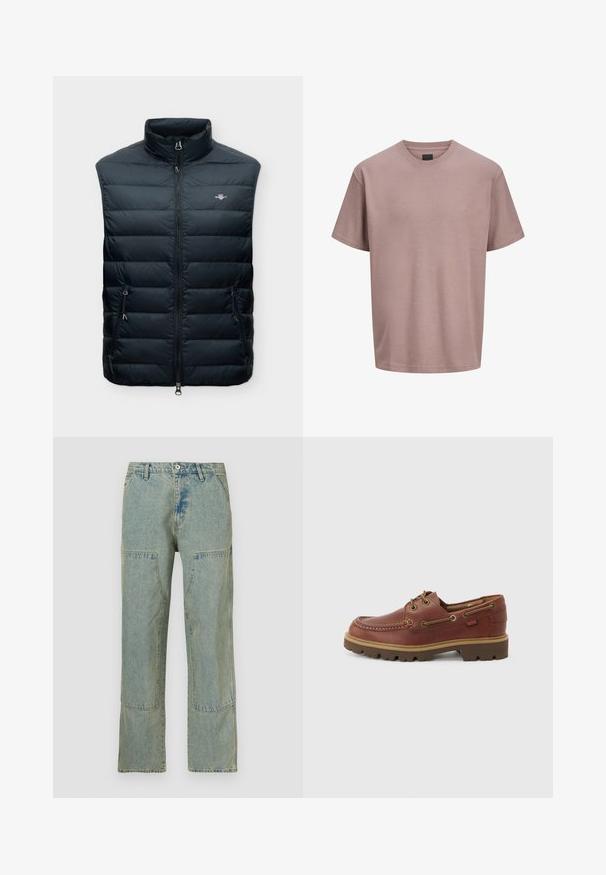 Veste sans manches matelassée noire avec col montant, fermeture éclair frontale, deux poches zippées et petit logo sur la poitrine.; T-shirt à manches courtes, mauve clair, avec un col rond et un petit logo discret sur la poitrine gauche, présenté sur un fond blanc uni.; Jean en denim bleu clair à coupe ample, avec des détails en patchwork sur les poches avant et une texture légèrement délavée.; Chaussure bateau marron en cuir à lacets avec semelle beige, bout rond et design moc toe cousu sur fond blanc.