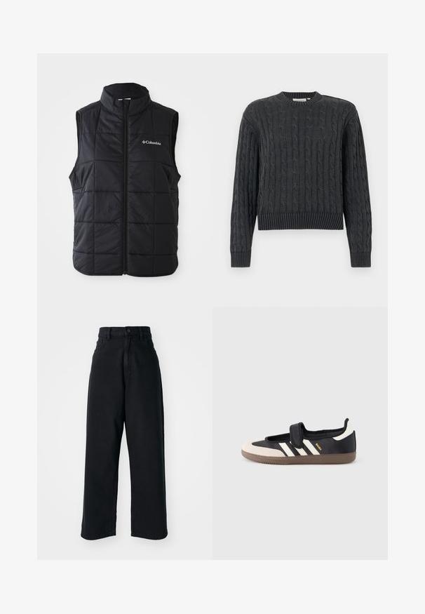 Sort puffer vest med høj krave, horisontalt quiltet mønster, frontlynlås og Columbia-logo på venstre bryst. Letvægtsmateriale.; Mørkegrå kabelstrikket sweater med lange ærmer samt ribstrikkede kanter ved ærmer, skørt og rund hals, vist på en ensfarvet baggrund.; Sorte højtaljede vid ben jeans med frontlommer og knaplukning, præsenteret mod en plain hvid baggrund.; Sort og beige sko med velcrolukning, tre hvide striber på siden og en tekstureret brun gummisål. Mærkelogo er synligt.