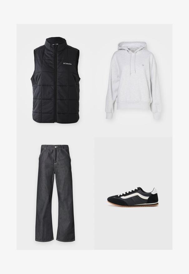Chaleco acolchado negro con un cuello alto, patrón de acolchado horizontal, cremallera frontal y logo de Columbia en el lado izquierdo del pecho. Material ligero.; Carhartt WIP HOODED CASEY - Jersey con capucha - ash heather/silver; Pantalones vaqueros de mezclilla de color gris oscuro con piernas anchas, bolsillos delanteros, trabillas para cinturón y cierre de botón con costuras visibles en blanco.; Zapato deportivo negro con parte superior de ante y textil, detalles en blanco, seis ojales y suela de goma. Diseño elegante con un perfil bajo.
