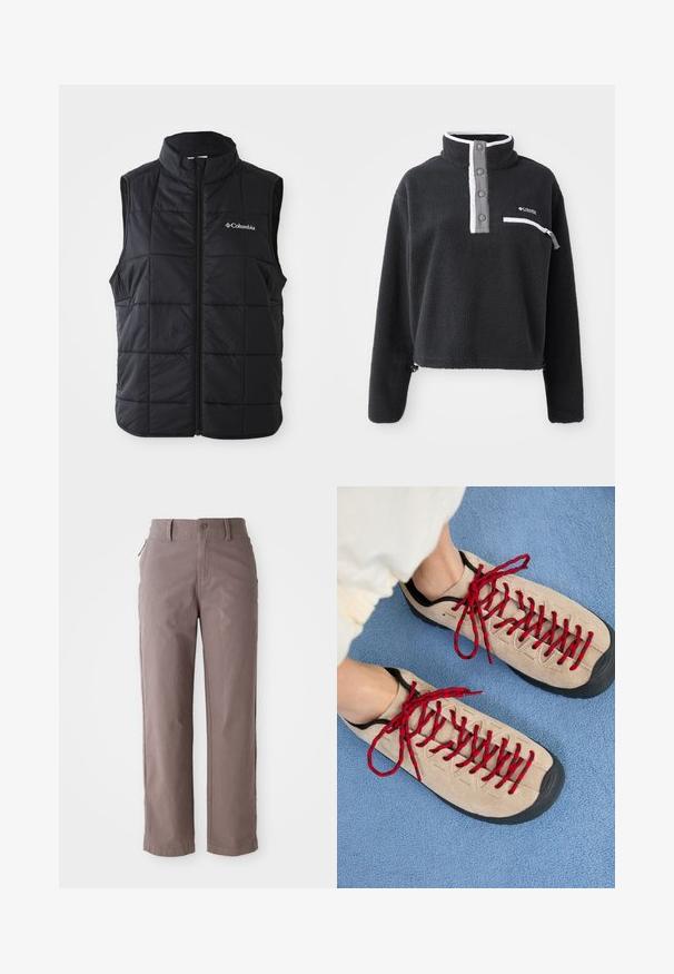 Zwarte puffer vest met een hoge kraag, horizontaal gestikt patroon, ritssluiting aan de voorkant en het Columbia-logo op de linkerkant van de borst. Lichtgewicht materiaal.; Zwarte fleece pullover met een ritskraag, voorzien van een borstzak en contrasterende witte en grijze accenten. Zachte textuur, cropped ontwerp.; Bruine katoenen twill broek met een rechte pijp, voorzien van een knoopsluiting aan de voorkant en zijzakken, met een gladde textuur en strakke lijnen.; Beige schoenen met rode veters, geplaatst op een blauwe, gestructureerde ondergrond, onthullen gedeeltelijk de enkel van een persoon. De schoenen hebben een sportief ontwerp.