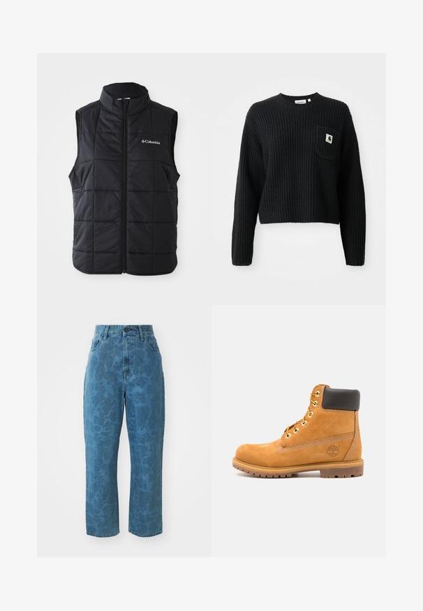 Sort puffer vest med høj krave, horisontalt quiltet mønster, frontlynlås og Columbia-logo på venstre bryst. Letvægtsmateriale.; Sort ribbenstrikket sweater med rund hals, lange ærmer og en frontlomme med et lille logo patch. Forkortet længde.; Lyseblå denim jeans med en subtil mønstret struktur, høj talje og lige ben. Har en frontlukning med knap og lynlås.; Brune læder ankelstøvle med sort polstring, gyldne øsken og en tekstureret sål. Har et cirkulært logo på siden og synlige syninger.