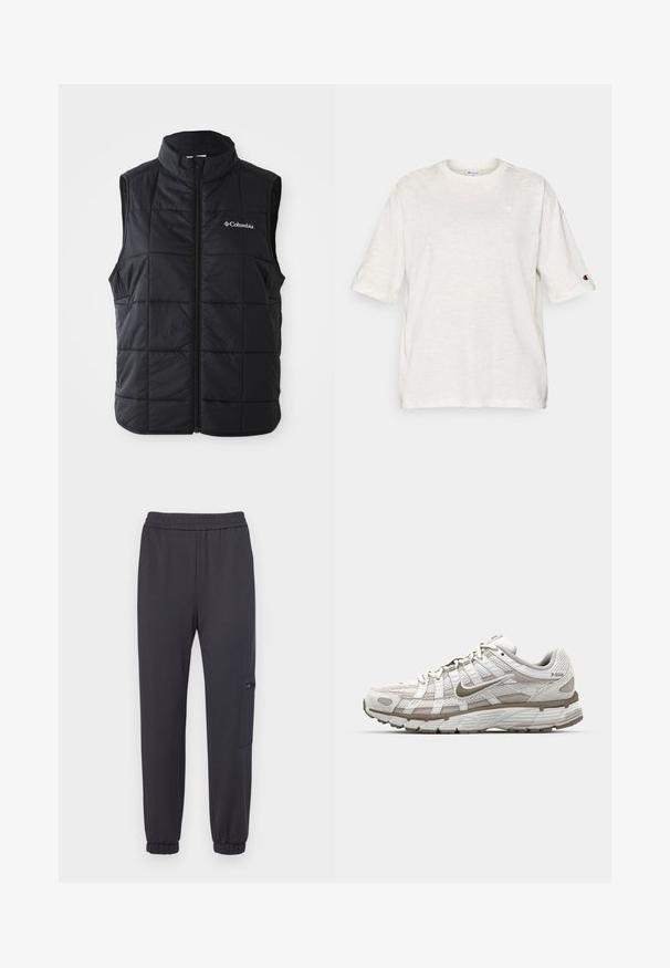 Sort puffer vest med høj krave, horisontalt quiltet mønster, frontlynlås og Columbia-logo på venstre bryst. Letvægtsmateriale.; Lysegrå t-shirt med korte ærmer lavet af blødt stof med rund halsudskæring. Har en lille logo på brystet og det ene ærme.; Mørkegrå sweatpants med elastisk talje, indsnævrede ben og en sidelomme med lynlås. Blødt stof og ribbede manchetter.; Hvid atletisk sko med mesh-overdel, lysebrune detaljer og en polstret sål. Har snørrelukning og tekst på siden.