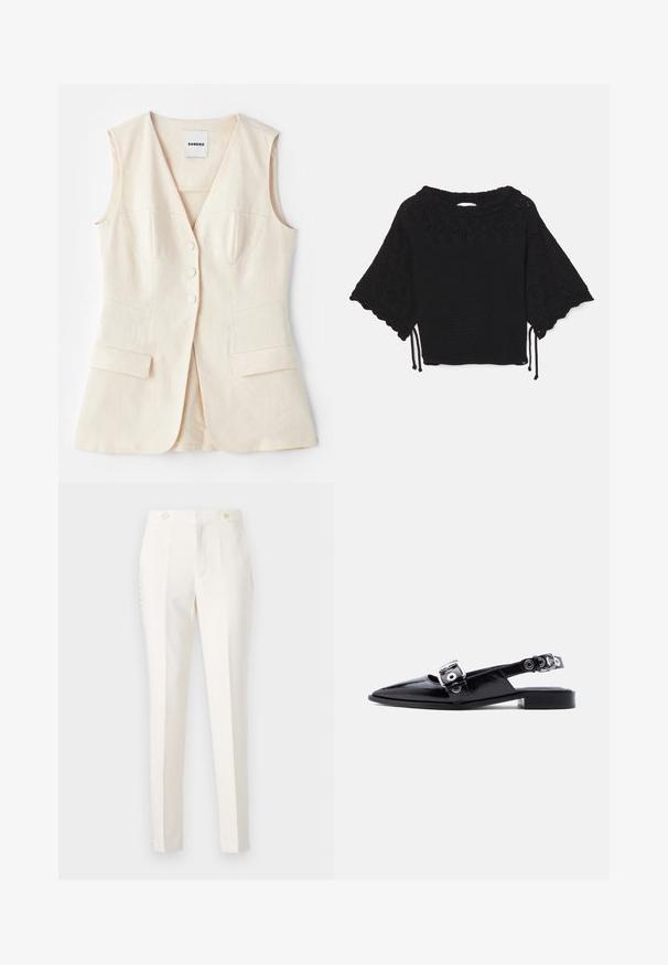 Gilet sans manches beige avec un corsage ajusté, six boutons, deux poches avant et des coutures courbées. Fabriqué en tissu léger.; Haut noir en tricot à manches courtes présentant un motif texturé, des manches à volants et des détails de cordon de serrage à l'ourlet.; Pantalon blanc ajusté avec une coupe slim, doté de deux poches avant, d'une fermeture à double bouton et de détails latéraux subtils. Texture lisse.; Ballerine pointue en cuir verni noir avec double boucle argentée et talon slingback sur fond blanc.