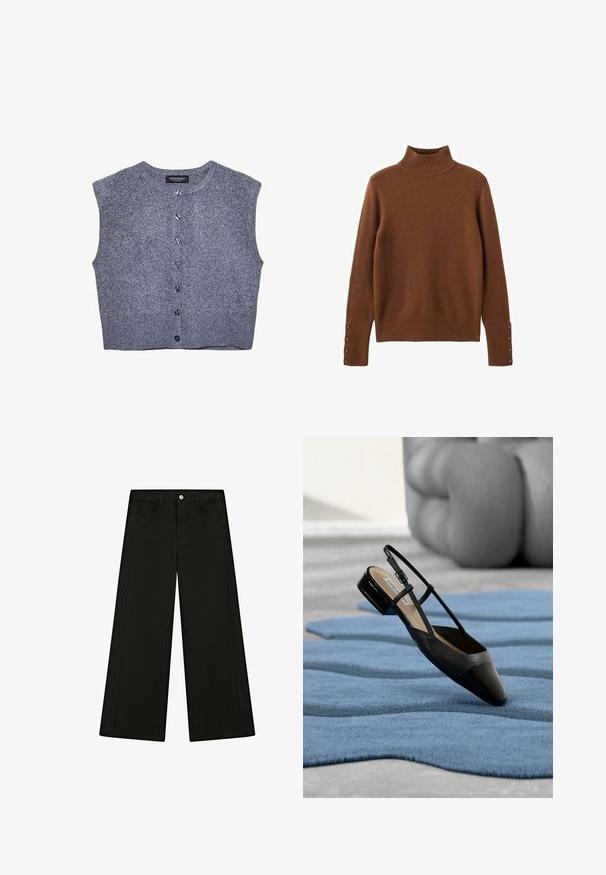 Grå strikket vest med rund halsudskæring, ærmeløs design og frontlukning med knapper. Har en ribbet kant og glat tekstur.; Brun rullekrave-trøje i blødt materiale med ribstrikkede manchetter prydet med knapper og en figursyet pasform. Glat tekstur over det hele.; Sorte bukser med vide ben, forlommer, bæltestropper og sølvknaplukning i taljen.; Sort laklædersko med slingback og lav blokhæl, hvilende på et tekstureret blåt bølgemønster tæppe og gråt polstret møbel.