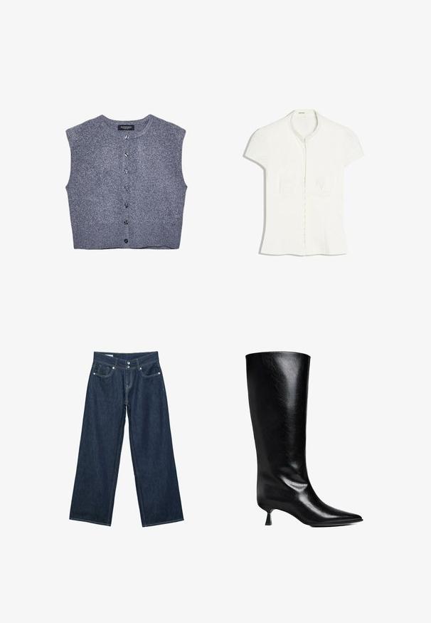 Grijze gebreide vest met een ronde hals, mouwloos ontwerp en knoopsluiting aan de voorkant. Heeft een geribbelde zoom en een gladde textuur.; Witte blouse met korte mouwen, een kleine kraag en knoopsluiting aan de voorkant, getailleerde pasvorm en lichte plooitjes ter hoogte van de borst.; Donkerblauwe wijde spijkerbroek met dubbele knoopsluiting, voorzakken en contrasterende stiksels op een witte achtergrond.; Zwarte leren laars tot de knie met een puntige neus, slank silhouet en een lage blokhak met een glanzende afwerking.