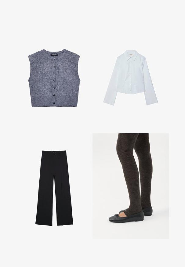 Grå strikket vest med rund halsudskæring, ærmeløs design og frontlukning med knapper. Har en ribbet kant og glat tekstur.; Hvid langærmet cropped skjorte, knaplukning foran med spids krave, glat tekstur og subtil glans, med en lige nederkant.; Sorte bukser med vide ben, bæltestropper, knaplukning foran og lynlås, lagt fladt på en hvid baggrund.; Ben iført mørke ribbede leggings kombineret med sorte balletsko med små sløjfedetaljer på hvid baggrund.