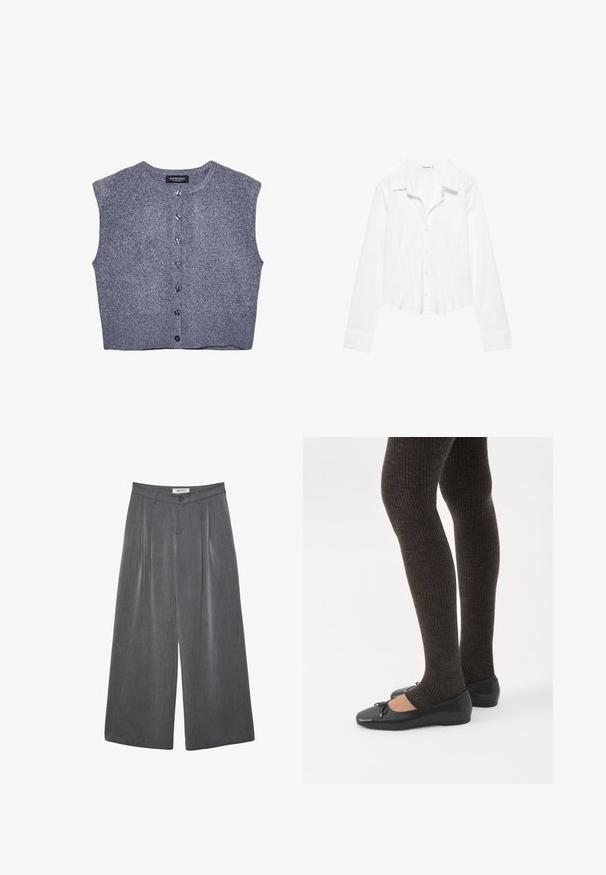 Grijze gebreide vest met een ronde hals, mouwloos ontwerp en knoopsluiting aan de voorkant. Heeft een geribbelde zoom en een gladde textuur.; Wit overhemd met lange mouwen, kraag, licht getailleerde taille en met knopen gesloten manchetten, getoond op een witte achtergrond.; Grijze wijde broekspijpen met plooien, gemaakt van zachte stof. Voorzien van een knoopsluiting en een getailleerde tailleband.; Benen met donkere geribbelde leggings gecombineerd met zwarte ballerina's met kleine strikdetails op een witte achtergrond.