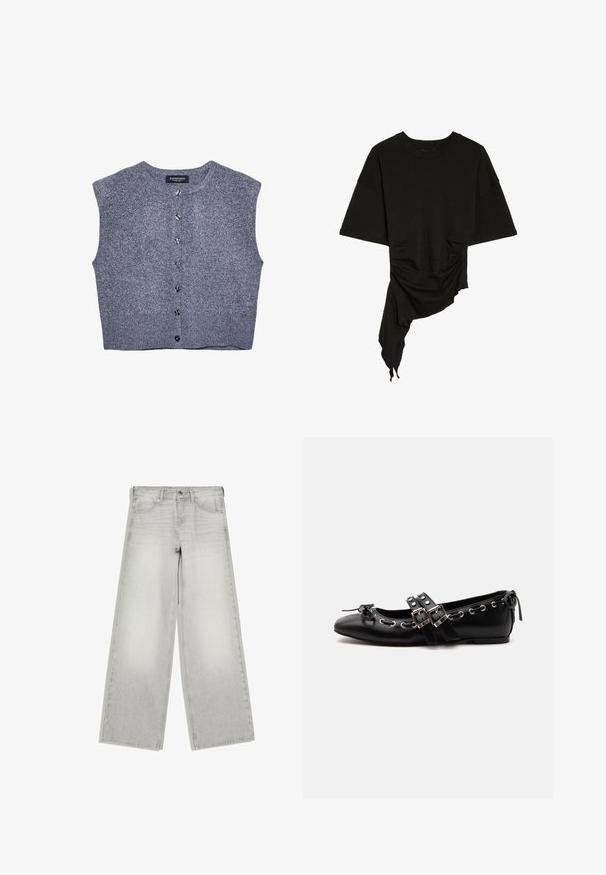 Grijze gebreide vest met een ronde hals, mouwloos ontwerp en knoopsluiting aan de voorkant. Heeft een geribbelde zoom en een gladde textuur.; Zwart kort mouw shirt met ronde hals, asymmetrische zoom, zijkant plooien en gedrapeerde stof aan één zijde.; Lichtgrijze jeans met wijde pijpen, knoop- en ritssluiting, voorzakken en riemlussen, plat weergegeven op een witte achtergrond.; Zwarte platte balletschoen met dubbele gespsluitingen, zilveren oogjes en een klein strikje nabij de afgeronde neus op een witte achtergrond.