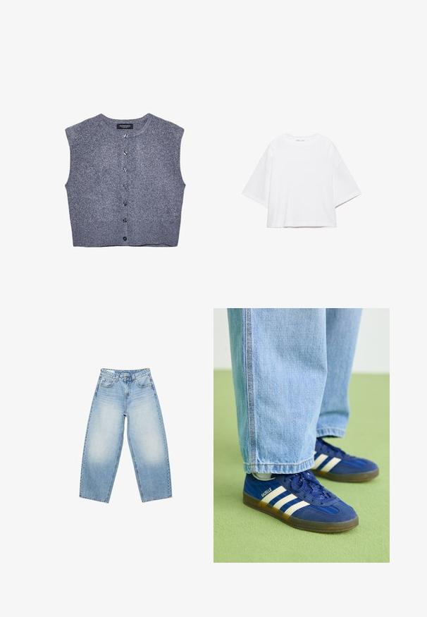 Grijze gebreide vest met een ronde hals, mouwloos ontwerp en knoopsluiting aan de voorkant. Heeft een geribbelde zoom en een gladde textuur.; Wit, kort mouw, boxy t-shirt gemaakt van zacht katoen. Heeft een ronde hals en brede mouwen, met een strak, eenvoudig ontwerp.; Lichtblauwe, wijde jeans met hoge taille, voorzakken, riemlussen en vervaagde plekken op de dijen.; Blauwe suède sneakers met witte strepen en gestructureerde patronen, gedragen met lichtblauwe denim broek, tegen een groene achtergrond.