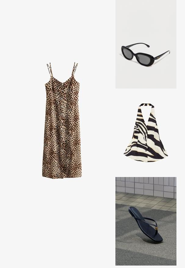 Halter top s čierno-krémovým zebrovým pruhom, s rozšíreným strihom a predným zapínaním na gombík. Materiál má jemnú textúru.; Midi šaty bez rukávov s leopardím vzorom, tenkými dvojitými ramienkami a zapínaním na gombíky vpredu.; Čierna kožená žabková obuv so zlatou dekoratívnou prackou, ležiaca na textúrovanej dlažbe pri obloženej stene v exteriéri.; Čierne oválne slnečné okuliare s tmavými sklami a zlatým logom "C" na stranici, zobrazené na jednofarebnom bielom pozadí.