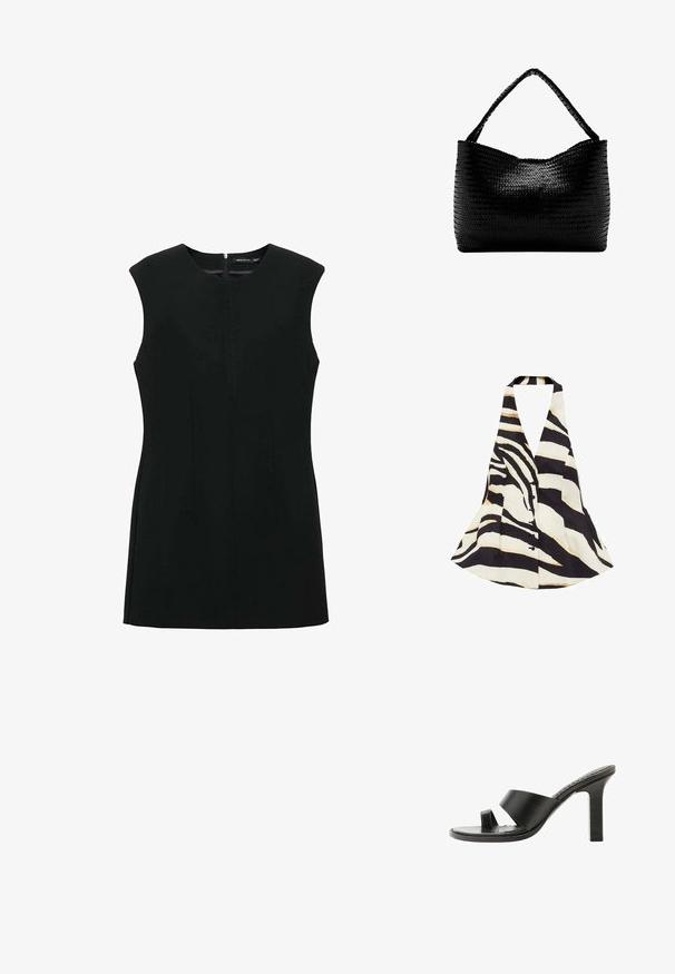 Halter-neck top med et sort og creme zebra-stribe mønster, med en flagrende design og knaplukning foran. Stof har en blød tekstur.; Sort ærmeløs kjole med rund halsudskæring, frontlynlås og skræddersyede sømme for en struktureret silhuet. Glat stoffinish.; Sort højhælet sandal med bred rem over foden og en tåloop, vist fra siden på en hvid baggrund.; Sort vævet håndtaske med et enkelt flettet håndtag, rektangulær form og glansfuld tekstureret overflade.