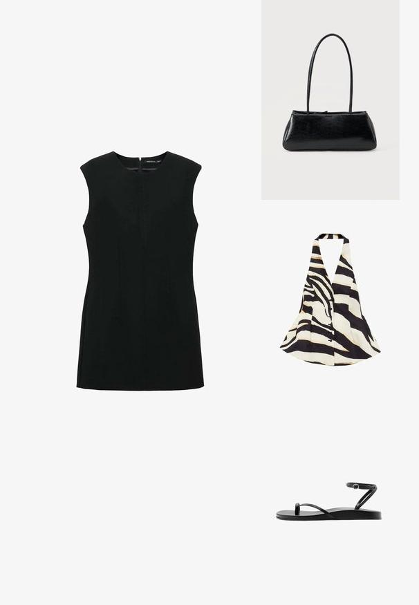 Halternek top met een zwart en crèmekleurig zebra-strijkpatroon, met een uitlopend ontwerp en een voorste knoopsluiting. De stof heeft een zachte textuur.; Zwarte mouwloze jurk met een ronde hals, sluiting met een ritssluiting aan de voorkant en op maat gemaakte naden voor een gestructureerd silhouet. Gladde stofafwerking.; Zwarte platte sandaal met dunne bandjes, teenlus en een enkelbandje met een kleine ronde gesp, zijaanzicht.; Zwarte rechthoekige schoudertas met lange dunne banden en een gladde, glanzende textuur op een effen achtergrond.