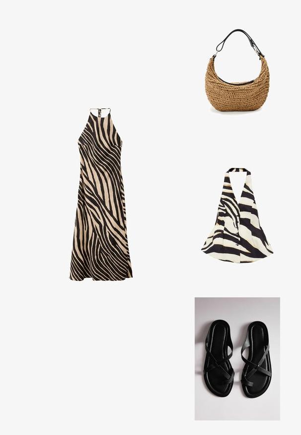 Halter-neck top med et sort og creme zebra-stribe mønster, med en flagrende design og knaplukning foran. Stof har en blød tekstur.; Lang halterneck-kjole med sort og beige zebra-stribemønster, vid bund og bindelukning ved halsen.; Par sorte flade sandaler med krydsede remme på en lys baggrund set oppefra.; Vævet stråtaske i beige med en buet silhuet, med en sort læderrem og sølvfarvede hardware-detaljer. Tekstureret finish.
