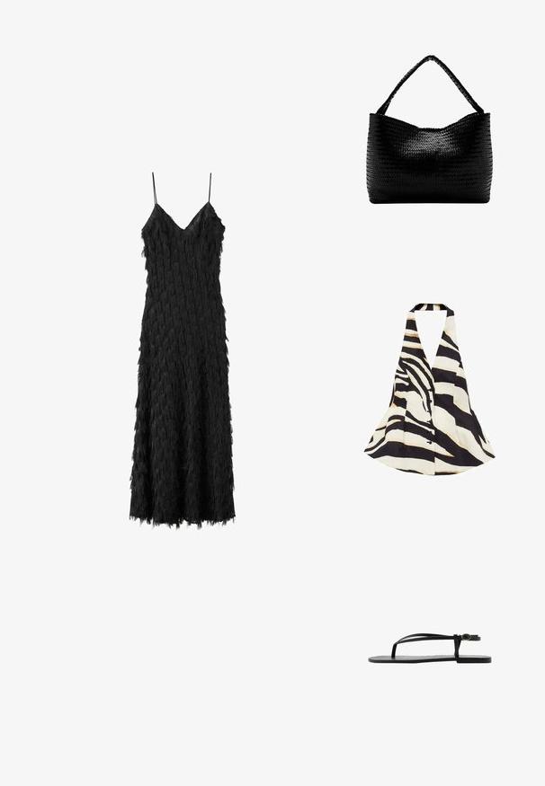 Halter-neck top med et sort og creme zebra-stribe mønster, med en flagrende design og knaplukning foran. Stof har en blød tekstur.; Sort ankellang slipkjole med tynde stropper og tekstureret frynset stofdetalje over hele.; Sort flad sandal med tynde dobbelte stropper, ankelspænde og T-rem design på en ensfarvet hvid baggrund.; Sort vævet håndtaske med et enkelt flettet håndtag, rektangulær form og glansfuld tekstureret overflade.