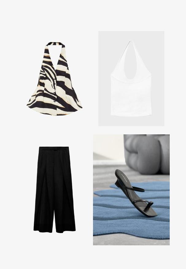 Halter-neck top med et sort og creme zebra-stribe mønster, med en flagrende design og knaplukning foran. Stof har en blød tekstur.; Hvid ærmeløs haltertop med dyb, rund udskæring og tætsiddende talje, vist mod en enkel lys baggrund.; Sorte bukser med brede ben og høj talje, der har frontfolder, en glat tekstur og en tætsiddende talje. Ingen synlige lommer.; Sort sandal med remme og tå-loop vist på et blåt tekstureret tæppe, med en stor grå dekorativ genstand sløret i baggrunden.