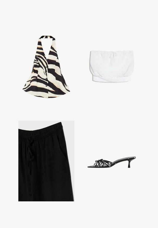 Halter-neck top med et sort og creme zebra-stribe mønster, med en flagrende design og knaplukning foran. Stof har en blød tekstur.; Hvid stropløs tube-top med snøre i midten og elastisk kant nederst.; Sorte bukser med elastisk talje og snøre, der har en afslappet pasform og sidelommer. Materialet ser blødt og let ud.; Sort åben tå mule med tynde stropper, sløjfedetalje, lav kitten heel og hvidt polkaprikket mønster på stropper og fodseng.