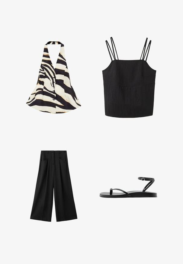 Halter-neck top med et sort og creme zebra-stribe mønster, med en flagrende design og knaplukning foran. Stof har en blød tekstur.; Sort ærmeløs top med dobbelte tynde stropper på hver skulder og en lige halsudskæring.; Sorte bukser med vide ben, forlommer, bæltestropper og høj talje, vist på en hvid baggrund.; Sort flad sandal med tynde remme, tåloop og anklerem med en lille rund spænde, vist i sideprofil.