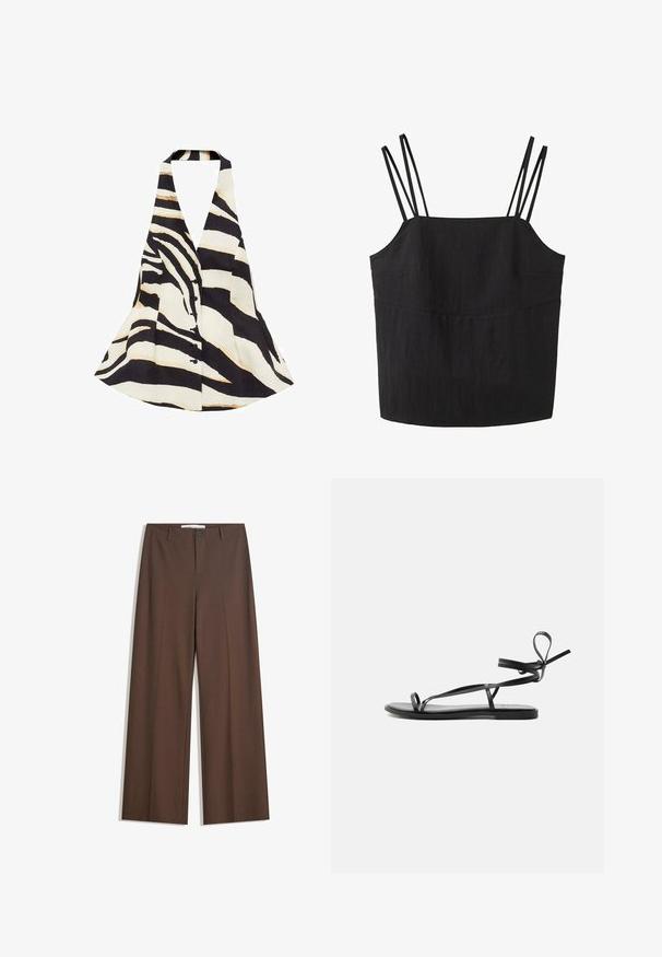 Halter-neck top med et sort og creme zebra-stribe mønster, med en flagrende design og knaplukning foran. Stof har en blød tekstur.; Sort ærmeløs top med dobbelte tynde stropper på hver skulder og en lige halsudskæring.; Brune brede bukser med en glat tekstur, frontfald, en knaplukning og to sidelommer. Designet til komfort og alsidighed.; Sort flad sandal med tynde stropper og et ankelomviklingsdesign på en ensartet lys baggrund.