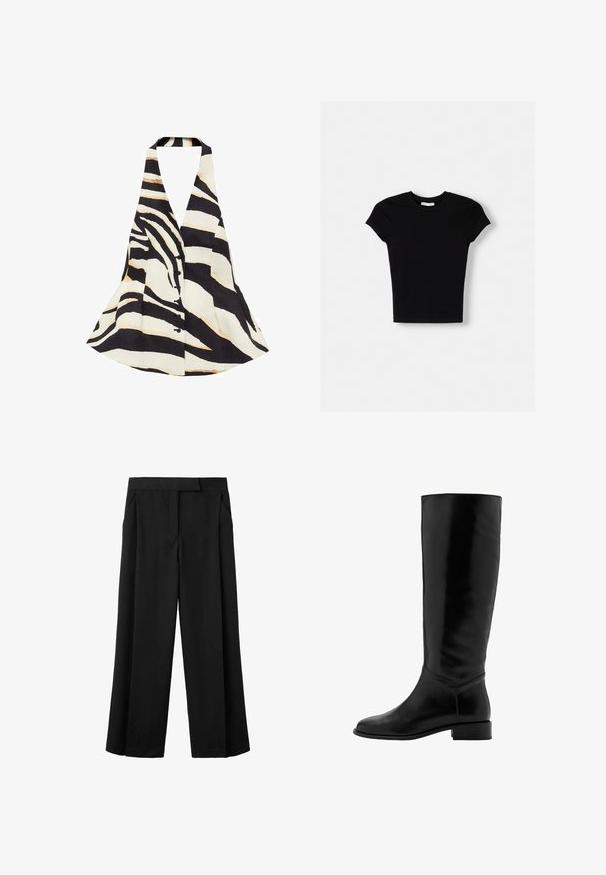 Halter-neck top med et sort og creme zebra-stribe mønster, med en flagrende design og knaplukning foran. Stof har en blød tekstur.; Sort kortærmet t-shirt lavet af bomuld. Tætsiddende design, rund hals og glat tekstur. Ingen mønstre eller ekstra hardware synligt.; Sorte bukser med brede ben lavet af et glat stof, med en flad front, to sidelommer og en skræddersyet talje.; Sorte læderknæhøje støvler med en glat overflade, rund tå, let hæl og minimalistisk design. Har en tætsiddende skaft og stitched detaljer.